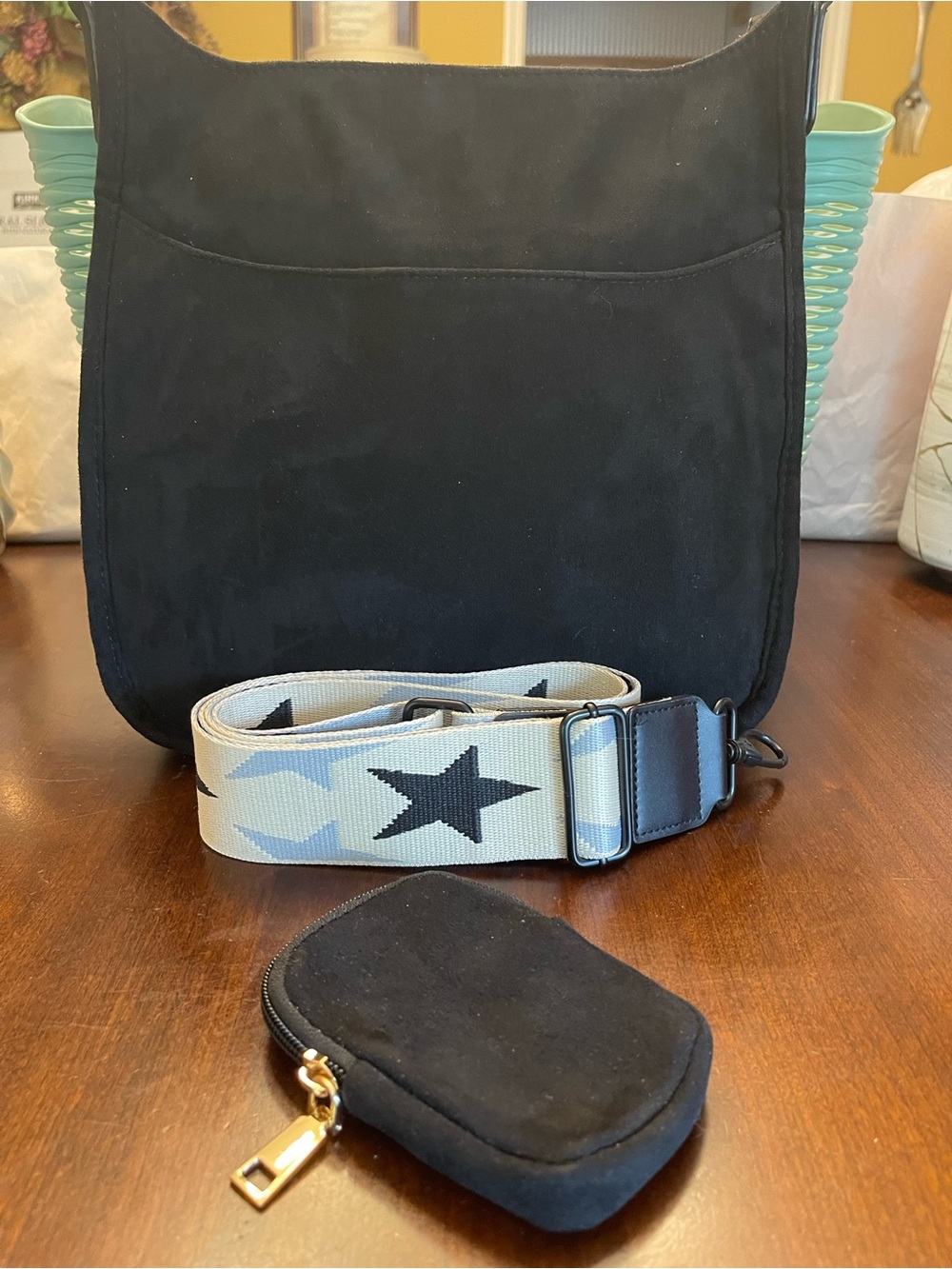 Ah-dorned Suede Black Crossbody Bag With a designed Stars Strap - Picture 6 of 11